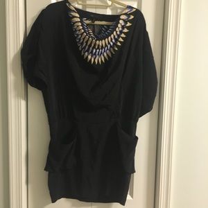 BCBG Maxazria | Black Mini Dress (blue and yellow)